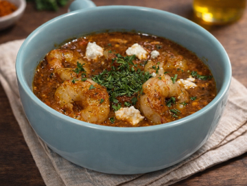 Cazuela de gambas estilo "saganaki"